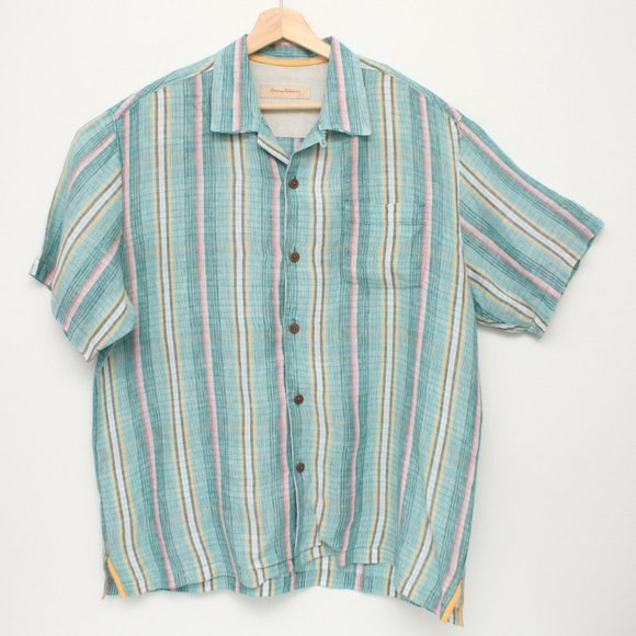 Tommy Bahama Men's Aloha Short Sleeve Button Up Shirt Linen Large Green Striped - Picture 3 of 7